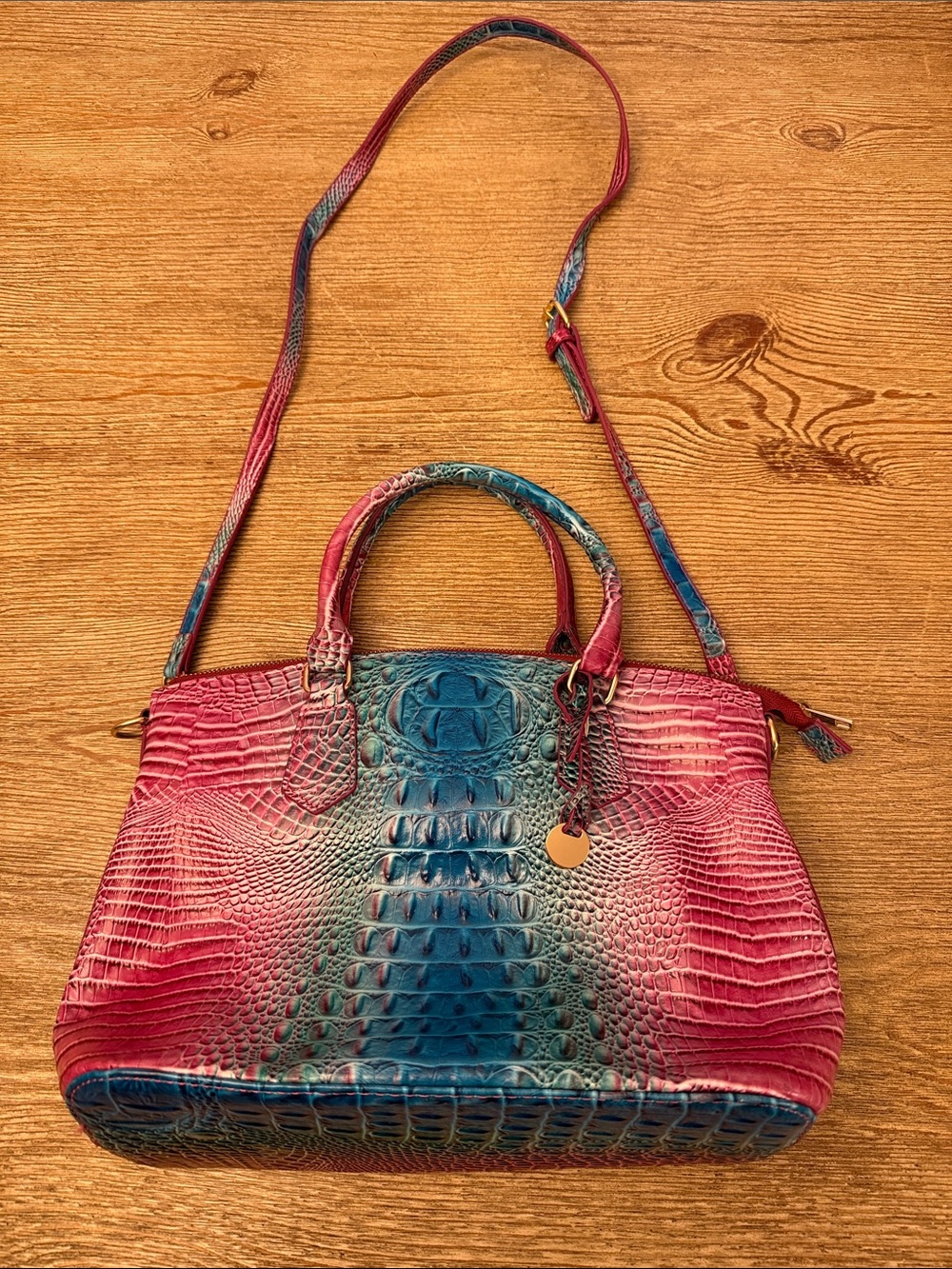 Pink and Blue Faux Croc-Embossed handbag